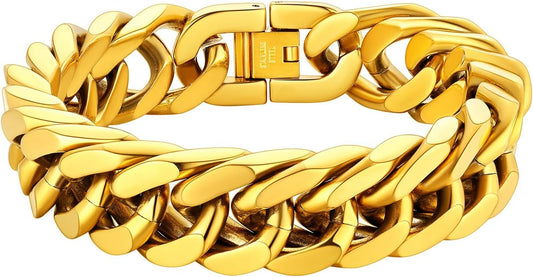 ChainsHouse Stainless Steel Cuban Link Bracelet, 8mm/12mm/17mm Width, 7.5"/8.3"/9", 18K Gold Plated Chain Wrist Bracelets for Men Women, Send Gift Box