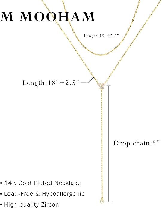 M MOOHAM Gold Lariat Necklace for Women - Dainty 14K Gold Plated Y-Shaped Long Drop Necklace Pearl Cross Clover Butterfly Cubic Zirconia Charm Layered Necklaces for Women Simple Jewelry Gifts