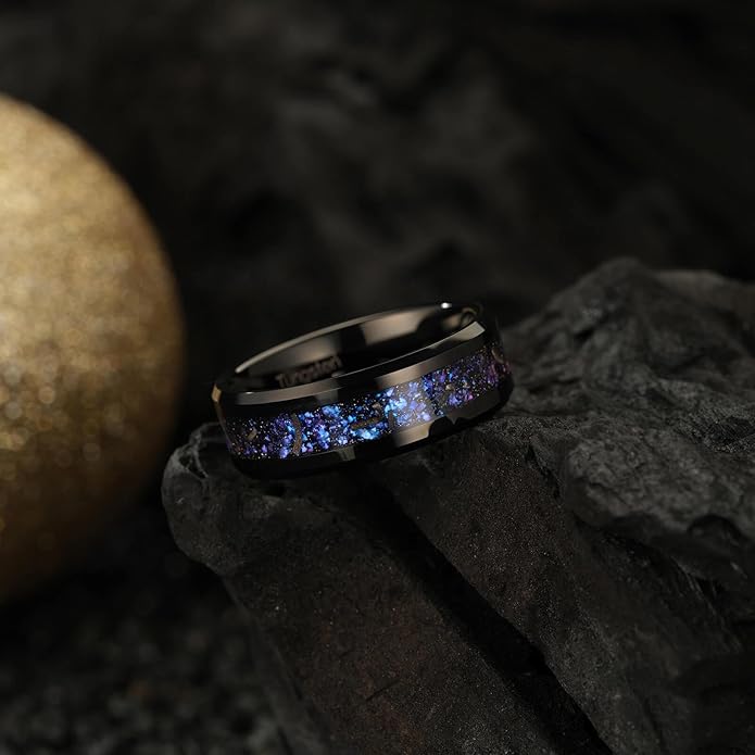 Men's 8mm Black/Gold Tungsten Carbide Wedding Ring Nebula Galaxy Wedding Promise Gold Foil Inlay Real Meteorite Matte Bevel Comfort Fit
