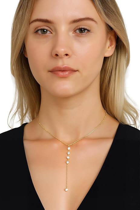 14K Gold Plated Y Necklace for Women – Dainty Lariat Long Pendant Chain, Layered Drop Necklace for V Neck Dress, Simple Sexy Cleavage Jewelry Gifts for Women