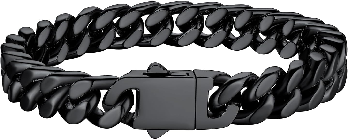 Bestyle Thick Mens Cuban Link Chain Bracelets, Durable Real 18K Gold/Black Metal Plated Solid Stainless Steel Hand Chain Cuban Bracelets for Men, Silver Black Gold Bracelets for Father Husband