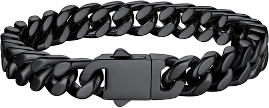 Bestyle Thick Mens Cuban Link Chain Bracelets, Durable Real 18K Gold/Black Metal Plated Solid Stainless Steel Hand Chain Cuban Bracelets for Men, Silver Black Gold Bracelets for Father Husband