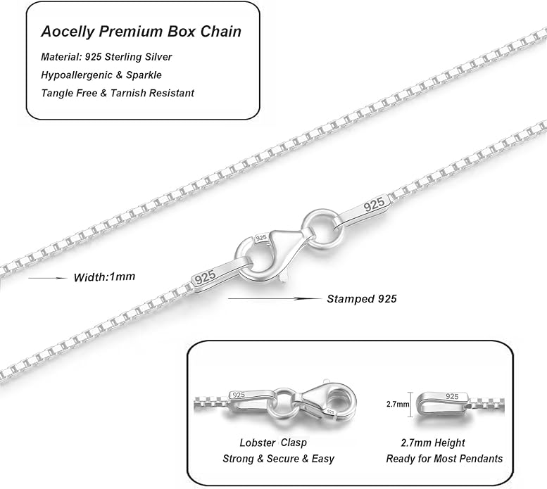 Solid Sterling Silver Necklace Box Chain 1mm,Sturdy Lobster Clasp,Classic and Premium Thin Box Chain Necklace 16-24 Inches