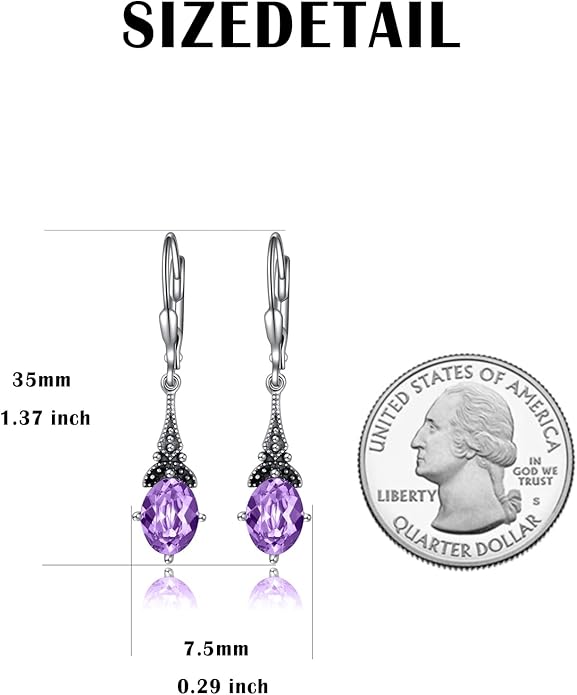 AOBOCO Vintage Earrings for Women Sterling Silver Retro Drop Dangle Leverback Earrings with 8x6mm Oval Genuine or Simulated Birthstone Crystal from Austria, Anniversary Jewelry Gifts for Her Women