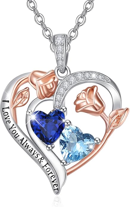 Zeuslia Double Birthstone Necklace Gifts for Wife - 925 Sterling Silver Sunflower/Rose/Crown Cross/Compass/Heart Pendant I Love You Necklace, Anniversary Birthday Gifts for Wife Girlfriend Mom Her