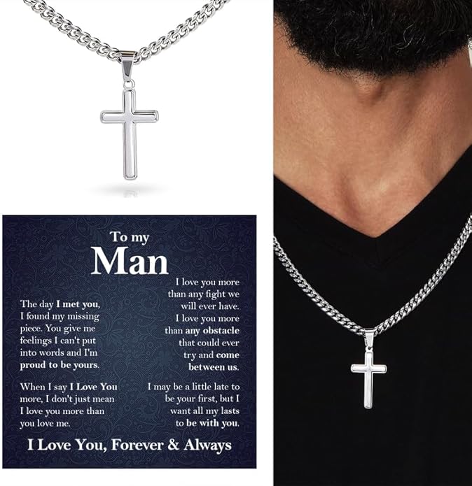 SUTERY Cross Cuban Chain Necklace - Promise Necklace for Him, Necklace for Boyfriend, Mens Necklace for Fiance, Valentine's Day