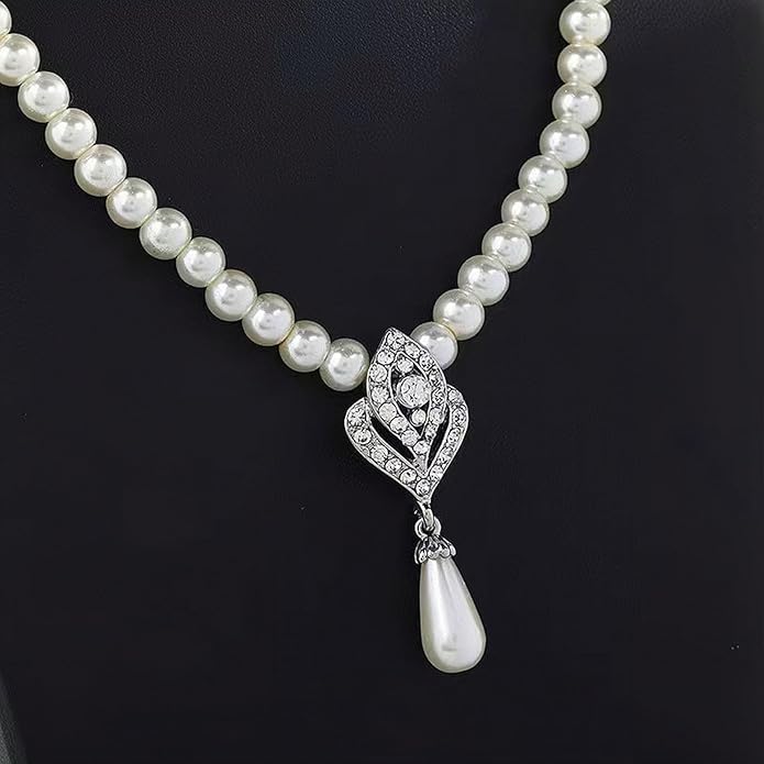 la luen Pearl Bride Wedding Jewelry Set Faux Pearls Crystal Rhinestone Necklace Earrings Bracelet Sets for Women Bridesmaid(3 PCS)