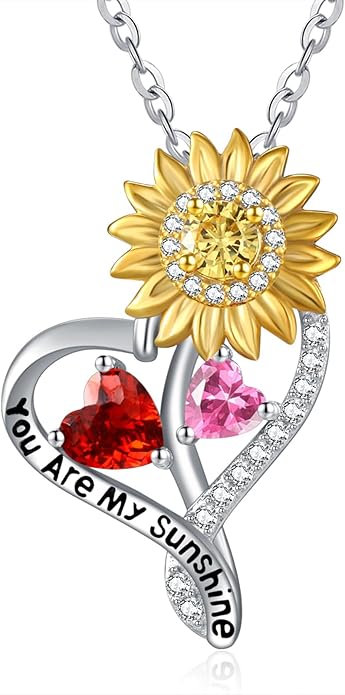 Zeuslia Double Birthstone Necklace Gifts for Wife - 925 Sterling Silver Sunflower/Rose/Crown Cross/Compass/Heart Pendant I Love You Necklace, Anniversary Birthday Gifts for Wife Girlfriend Mom Her