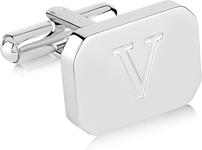 18K White-Gold Plated Initial Engraved Stainless Steel Men’s Cufflinks With Gift Box -Personalized Alphabet Letter’s A-Z By Lux & Pair