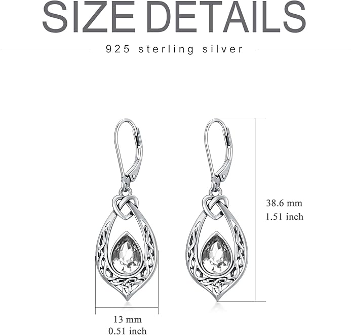 Celtic Knot Dangle Earrings 925 Sterling Silver Oxidized Vintage Drop Leverback Earrings with 8 * 6mm Simulated Birthstone Crystal Christmas Jewelry Gifts for Women (Gift Box)