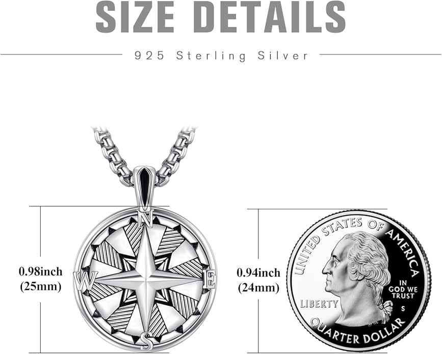 KINGWHYTE Compass Necklace for Men 925 Sterling Silver Birthday Gifts Graduation Travel Jewelry for Husband Brother with Stainless Steel Chain