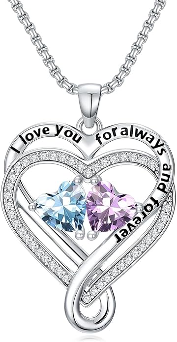 I Love You for Awlays and Forever Double Heart Necklace with Birthstone, 2 Birth Stone Jewelry Anniversary Valentines Mothers Day Christmas Birthday Gifts for Women Her Wife Girlfriend Mom Mother