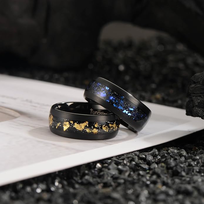 Men's 8mm Black/Gold Tungsten Carbide Wedding Ring Nebula Galaxy Wedding Promise Gold Foil Inlay Real Meteorite Matte Bevel Comfort Fit