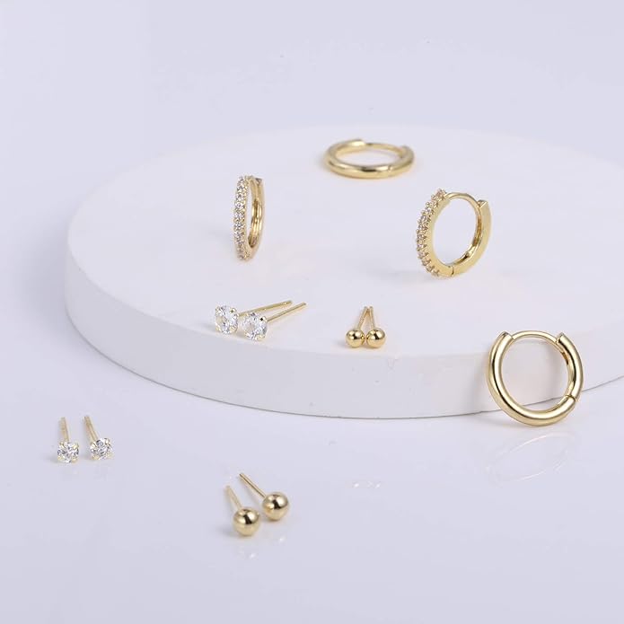 Stud Earrings for Women Hypoallergenic Sterling Silver Post Hoop and Studs Earrings Set for Multiple Piercing Small Ball Cubic Zirconia Earring Studs for Women Trendy Jewelry Gifts（6 Pairs）