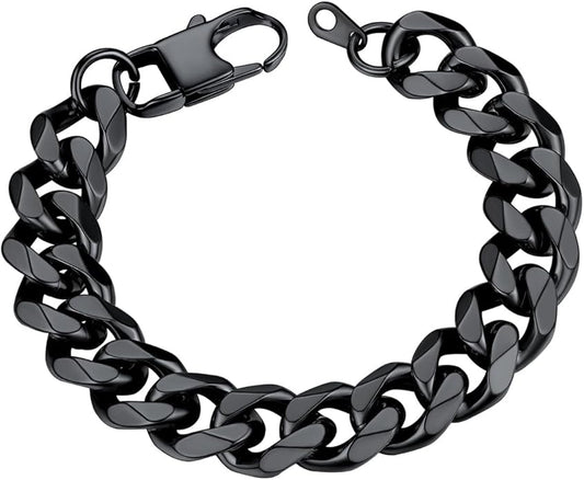 U7 Link Bracelets for Men, Cuban Link/Rope/Watch Band Solid Bracelet, Silver Black Gold Color Wrist Bracelet 3/6/9/12/15mm Width, 6.5/7.5/8.3 Inch Length, Hand Chain Jewelry for Mens Women