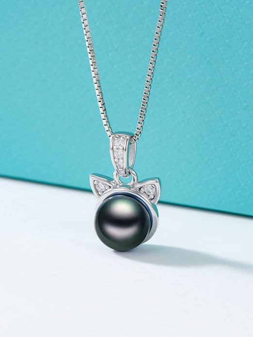 KANNSOAR Tahitian Black Pearl AAAA18K White Gold Plated Sterling Silver Cat Pendant Necklace for Women Wife Mom Girlfriend Valentine Her Jewelry Gift for Mother Day Anniversary Birthday