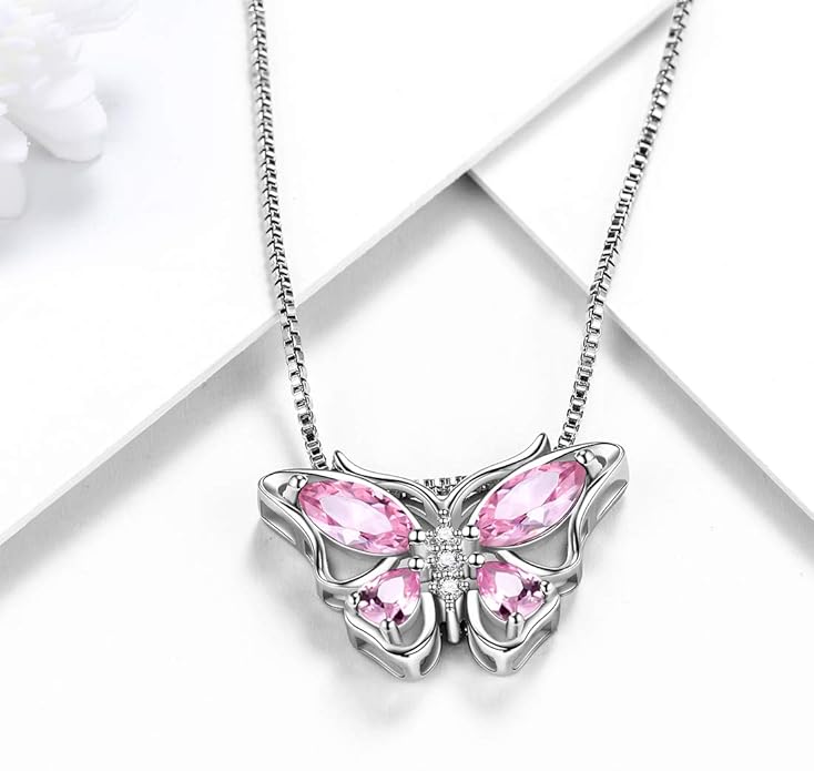 Aurora Tears Butterfly Birthstone Pendant Necklace - Women 925 Sterling Silver Butterflies Birthstone Pendant Necklace Jewelry Birthday Gift for Women