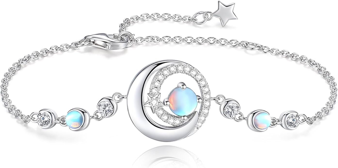 FANCIME Birthstone Bracelets 925 Sterling Silver Moon and Star Bangle Charm Bracelet Fine Jewelry Birthday Anniversary Christmas Day Gift for Her Women, Adjustable Chain 6.7"+1.2" Extend