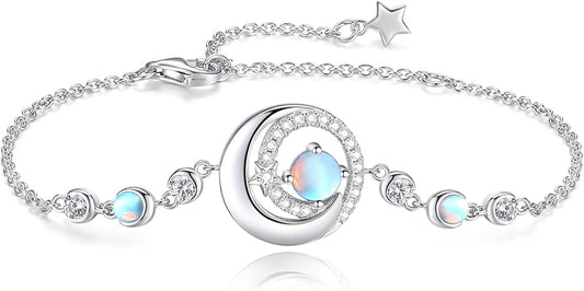 FANCIME Birthstone Bracelets 925 Sterling Silver Moon and Star Bangle Charm Bracelet Fine Jewelry Birthday Anniversary Christmas Day Gift for Her Women, Adjustable Chain 6.7"+1.2" Extend