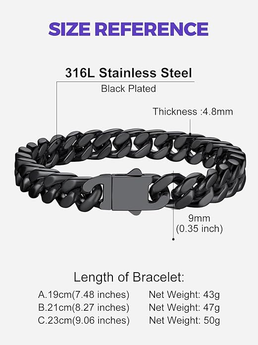 Richsteel 5/7/9/12mm Wide Miami Cuban Link Chain Bracelet for Men Women,Stainless Steel/Gold/Black Plated,7.4/8.2/9 Inch Length,Hip Hop Urban Street-wear Jewelry(Gift Wrapped)