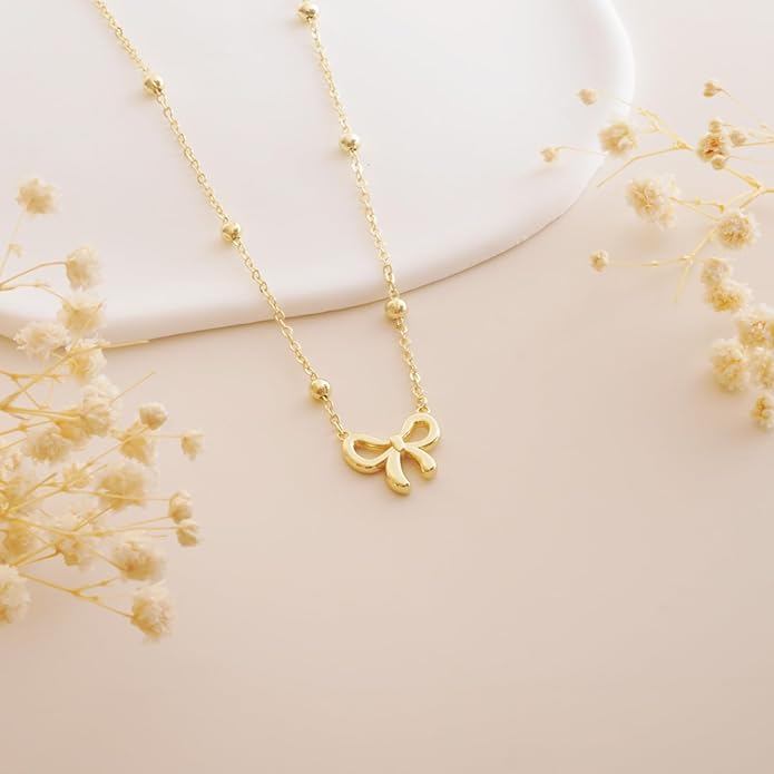 Gold Necklace for Women Dainty Bow Necklace 14K Gold Plated Cute Choker Necklace Small Bow Pendant Charm Necklaces Teen Gift Trendy Stuff Personalized Jewelry Gifts