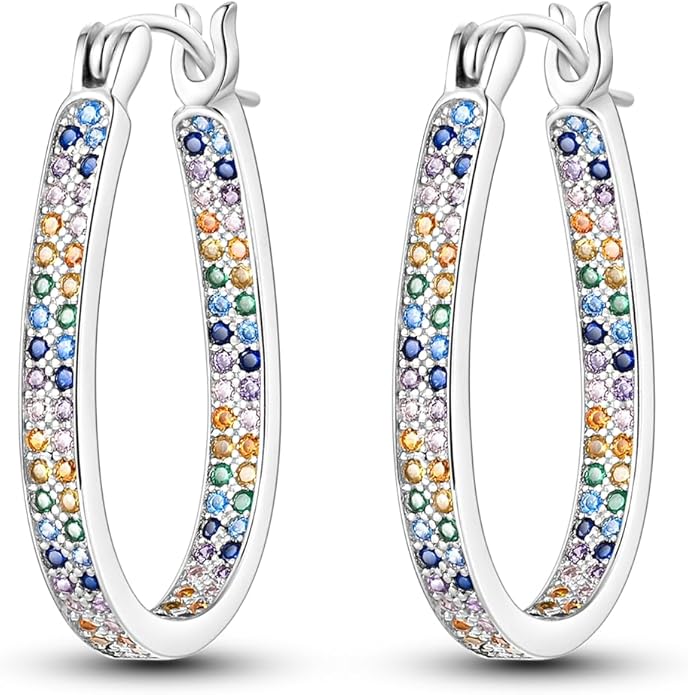 NARMO 925 Sterling Silver Hoop Earrings for Women Hypoallergenic Lightweight Simple Huggie Hoop Earrings Twisted Hoop Earrings Colorful Cubic Zirconia Hoop Earrings Rainbow Hoop Earrings