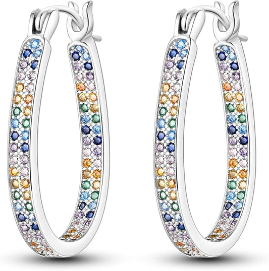 NARMO 925 Sterling Silver Hoop Earrings for Women Hypoallergenic Lightweight Simple Huggie Hoop Earrings Twisted Hoop Earrings Colorful Cubic Zirconia Hoop Earrings Rainbow Hoop Earrings