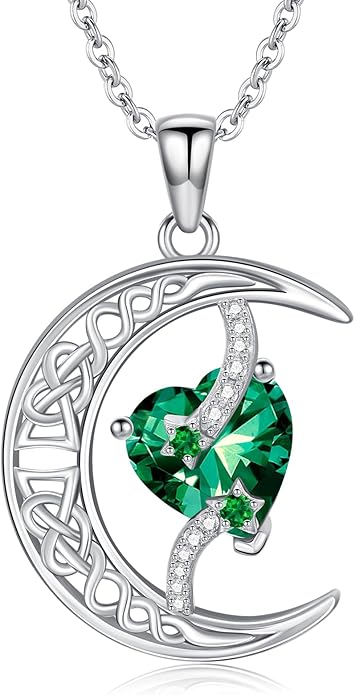 TOUPOP Moon and Star Birthstone Necklace for Women 925 Sterling Silver Celtic Moon Jewelry Birthday Christmas Gifts for Her Girlfriend