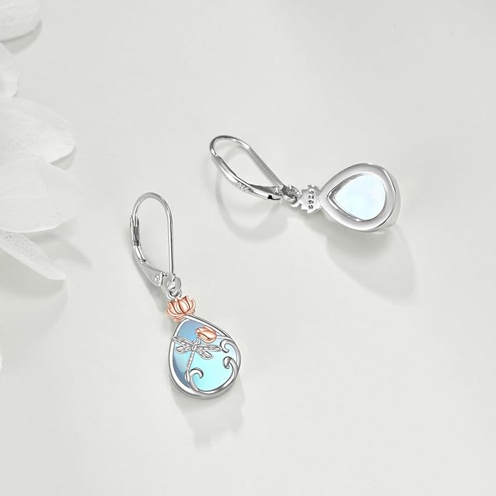 AOBOCO Butterfly/Dragonfly/Bee/Ladybug Leverback Earrings 925 Sterling Silver Rose Lotus Tulip Flower Filigree Dangle Earrings Teardrop Moonstone Larimar Turquoise Abalone Shell Jewelry Birthday Gifts for Women