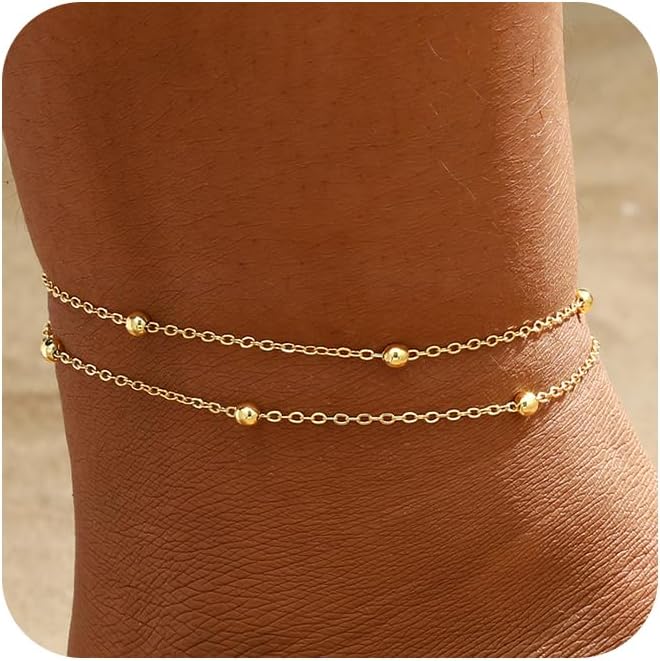 2/3 PCS Gold Anklets for Women Waterproof Cuban Link Anklet Beaded Bracelets Stackable Bracelets 14K Gold Plated Custom Jewelry Gifts Non Tarnish Lightweight