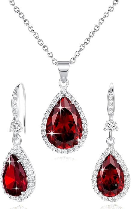 Sumonyo Women Jewelry Set Silver/Gold Plated Teardrop Pendant Necklace Dangle Drop Earrings Dangling Sets Birthstone Crystals Rhinestone,Birthday Anniversary Wedding Mother’s Day Gifts for Women
