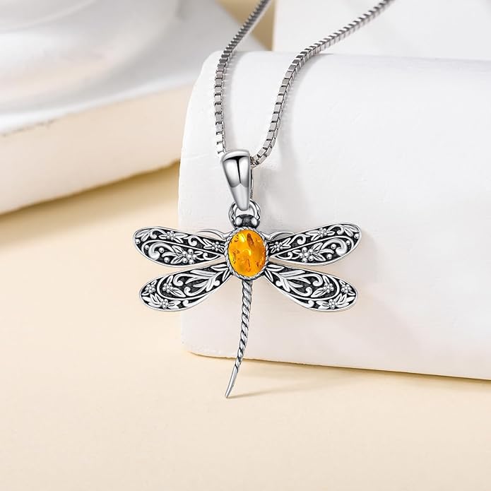 Vintage Dragonfly Necklace, 925 Sterling Silver Natural Amber Pendant, Boho Jewelry Unique Gift for Women