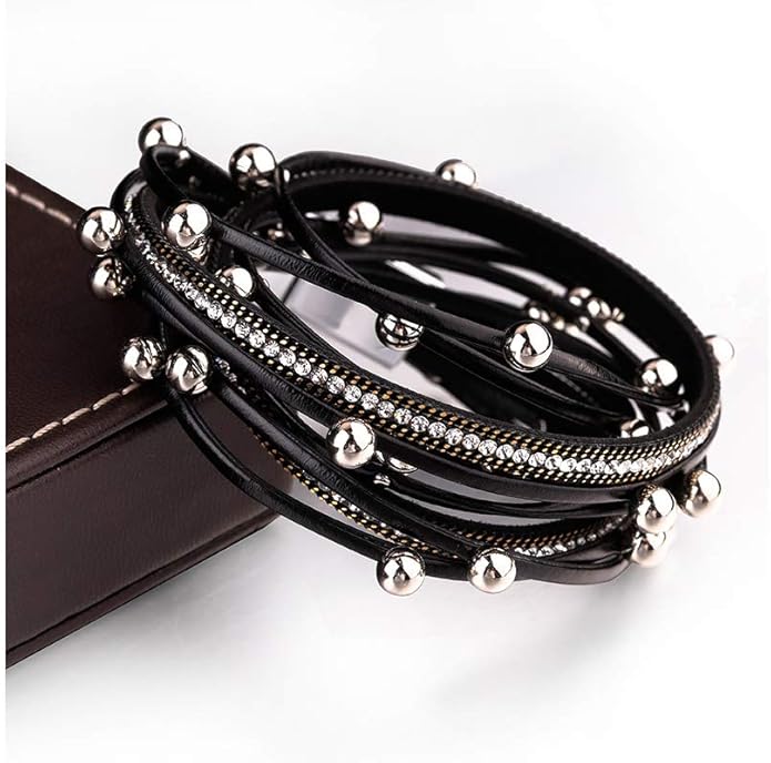 Fesciory Leather Wrap Bracelets for Women, Boho Leopard Multi-Layer Crystal Beads Cuff Bracelet Jewelry