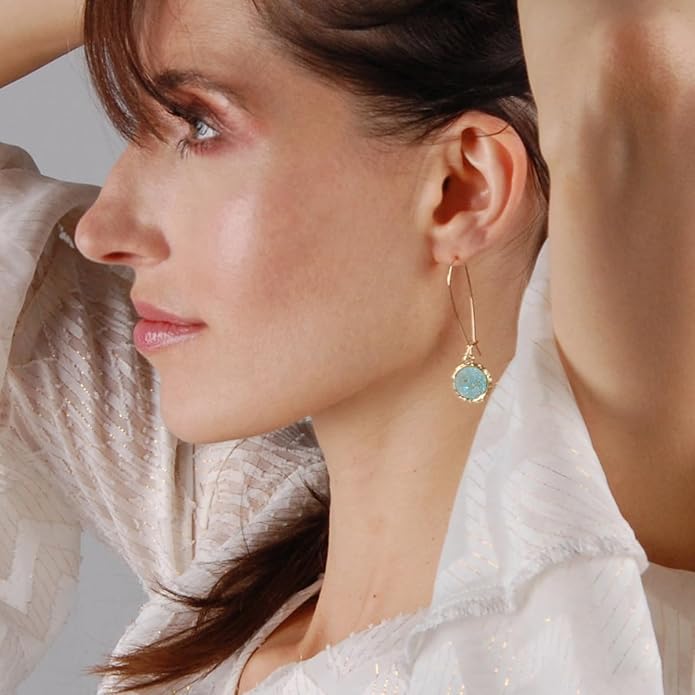 Simulated Druzy Threader Drop Earrings for Women - Gold, Silver, or Rose Gold Tone Trendy Boho Dangles with Sparkly Round Stone