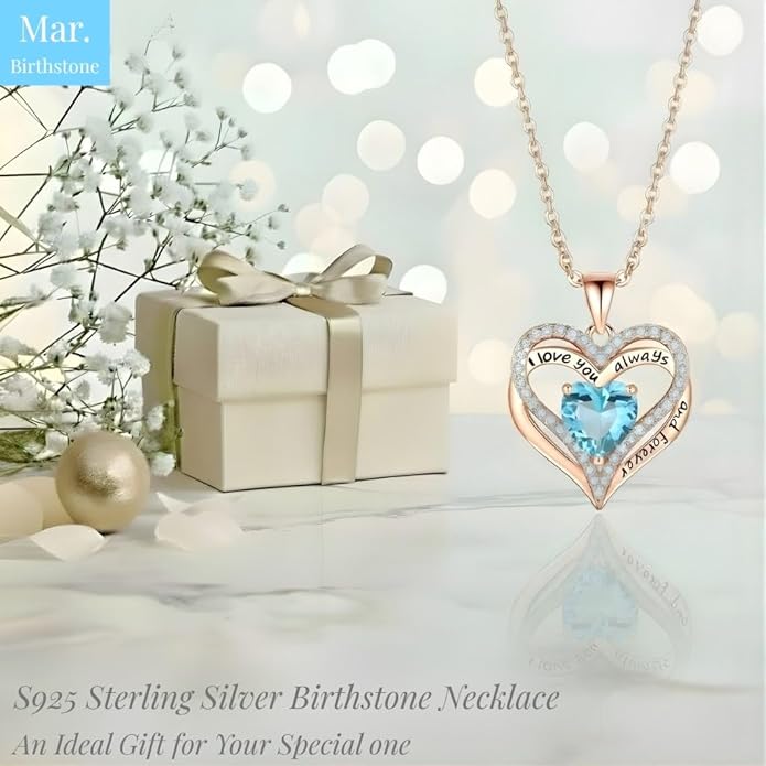 Birthstone Heart Necklace for Women Wife Girlfriend Mom Daughter Gifts S925 Silver Jewelry For Anniversary Rose Gold Gifts For Birthday Christmas Mothers Valentines Day