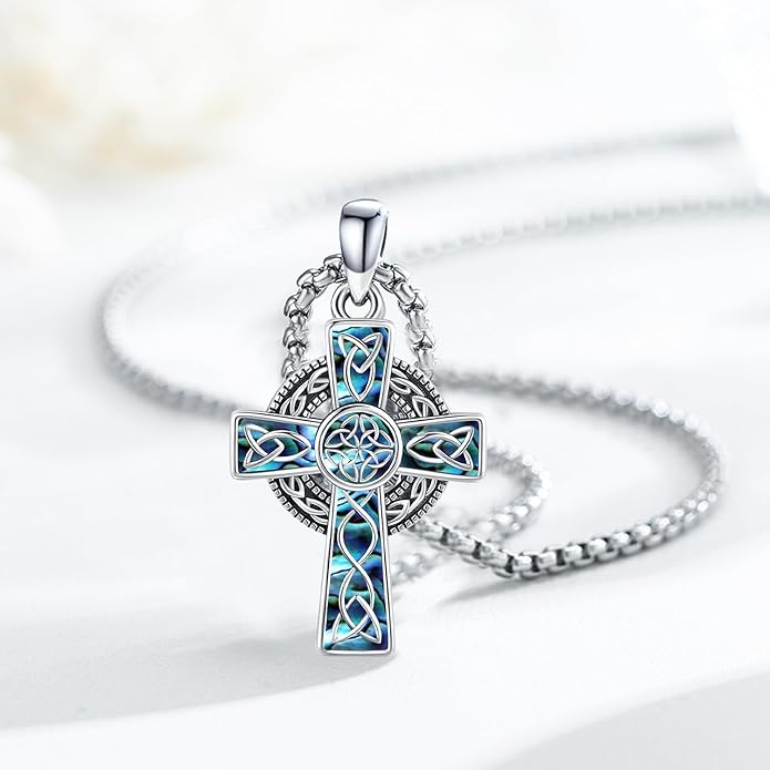 Midir&Etain Celtic Cross Necklace 925 Sterling Silver Cross Pendant Necklace Celtic Viking Irish Jewelry Religious Protective Gift for Men Women