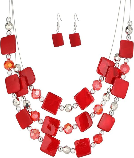 Layered Beaded Statement Necklaces for Women Square Shell Bead Collar Necklace and Earring Set Birthday Gifts Boho Jewelry Sets for Women