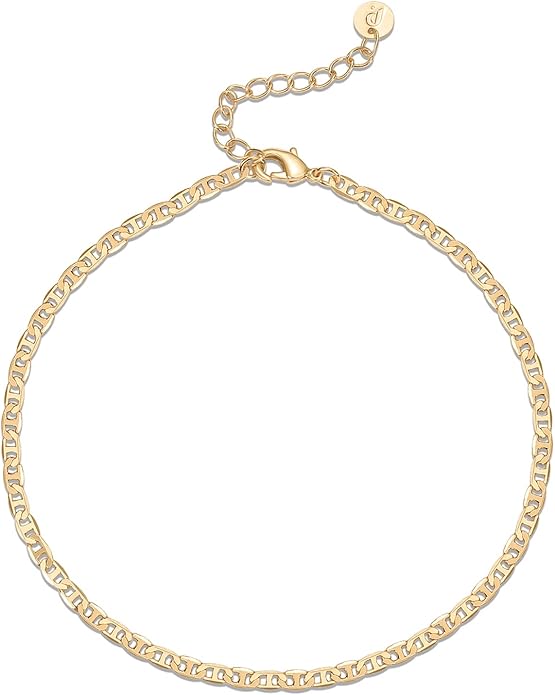 PAVOI 14K-18K Gold Plated Charm Link Flat Gold Anklets for Women | Beaded Marina Link Mariner Paperclip Snake Chain Jewelry Anklets