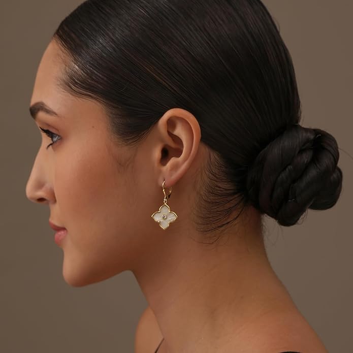 LeCalla 925 Sterling Silver Drop Earrings | Mother of Pearl Clover Earring | Mother of Pearl Stud Earring | Zirconia MOP Drop Dangle Hoop Earrings for Women