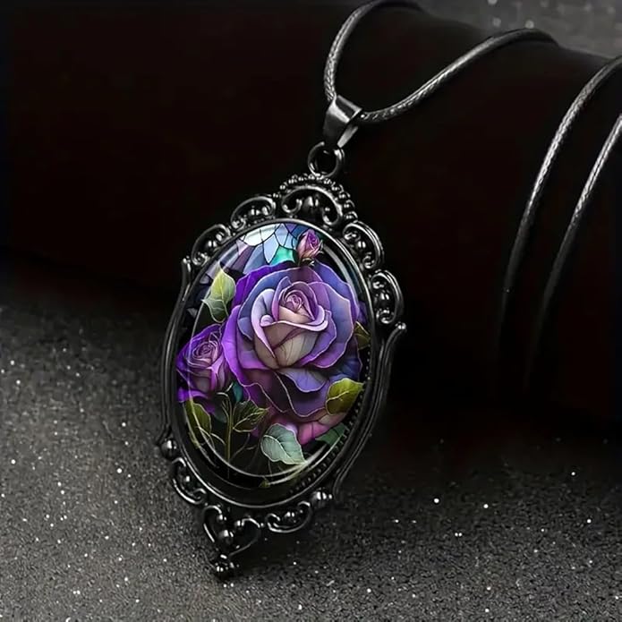 Gothic Rose Glass Necklace for Women Vintage Satan Demon Pendant Halloween Roses Necklaces Dark Punk Style Necklace Victoria Emboss Necklaces Mystic Witch Jewelry Gift Accessories
