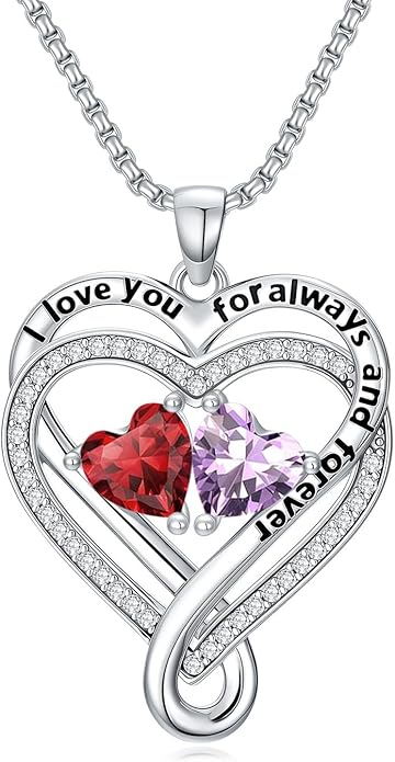 I Love You for Awlays and Forever Double Heart Necklace with Birthstone, 2 Birth Stone Jewelry Anniversary Valentines Mothers Day Christmas Birthday Gifts for Women Her Wife Girlfriend Mom Mother