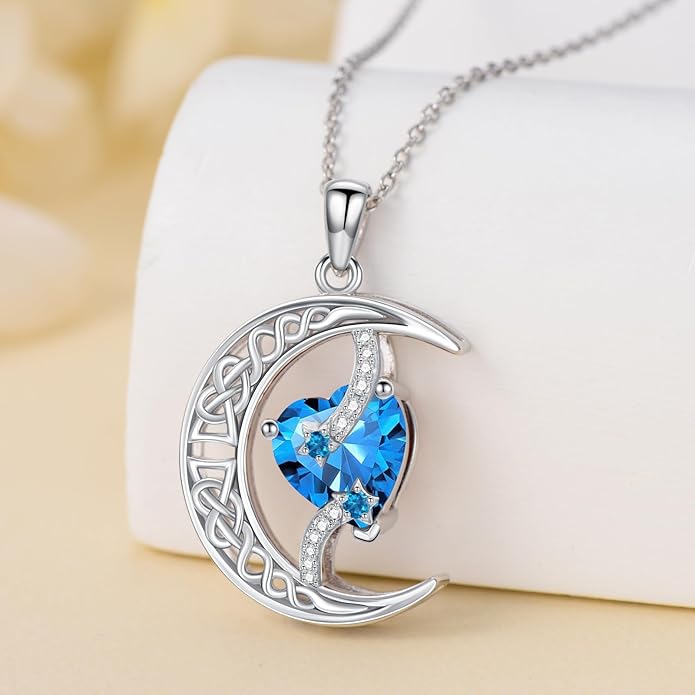 TOUPOP Moon and Star Birthstone Necklace for Women 925 Sterling Silver Celtic Moon Jewelry Birthday Christmas Gifts for Her Girlfriend