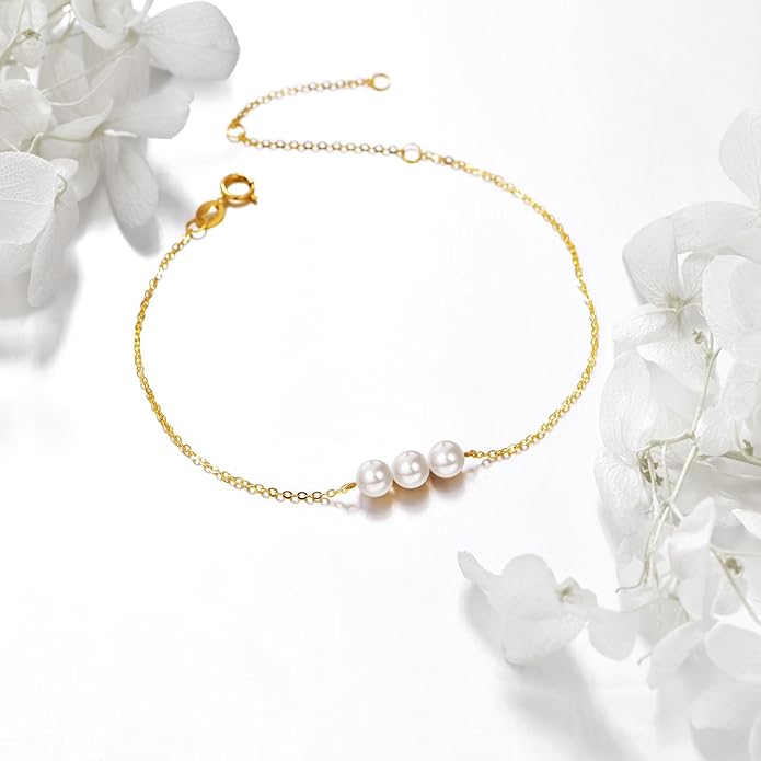 KECHO 14K Real Gold Freshwater Cultured Pearl Bracelet 14K Solid Gold Jewelry Anniversary Birthday Gift for Women