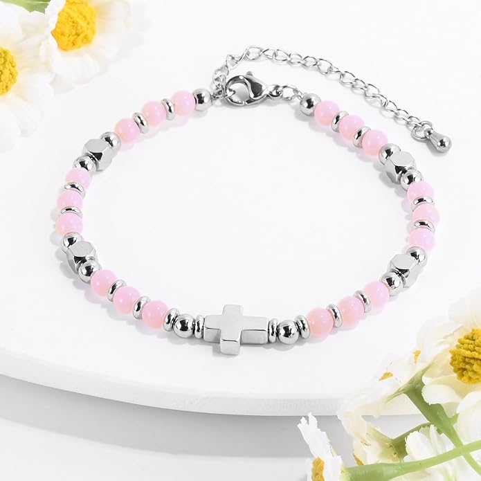 VIBILIA Cross Beaded Bracelets for Women, Inspirational Natural Heart Religious Bracelets for Women, Birthday Christian Gifts for Women on Thanksgiving Christmas Gifts