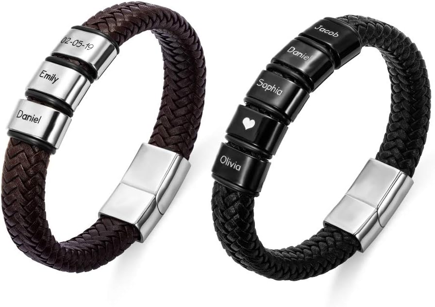 AILIN Custom Beaded Braided Bracelets For Men Leather Stainless Steel Black Brown Color Personalized 1-8 Engraving Name Beads Party Birthday Anniversary Jewelry Father Brother Boyfriends Gifts