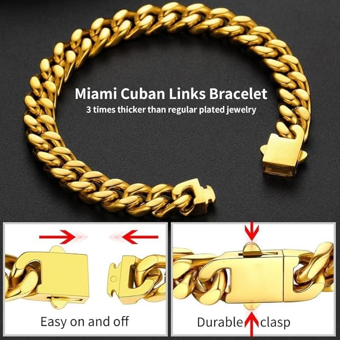 ChainsHouse Stainless Steel Cuban Link Bracelet for Men, 5mm/7mm/9mm/12mm Width, 7.5"/8.3"/9" Length, Black/18K Gold Plated Chain Wrist Bracelets for Men, with Gift Box