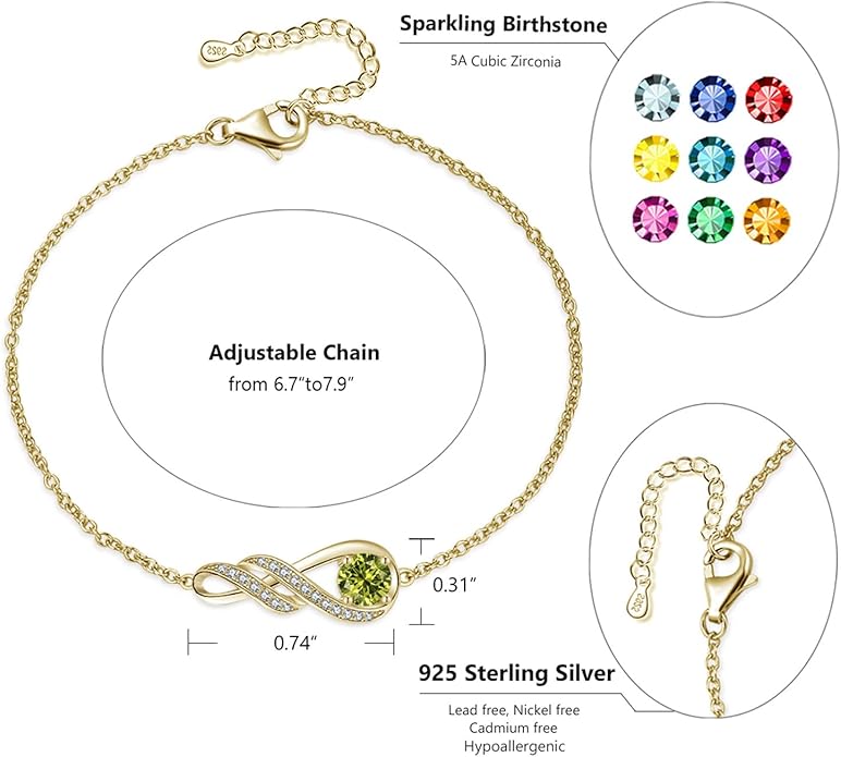 Birthstone Bracelets for Women 925 Sterling Silver Created Gemstone Bracelet Infinity Pendant Jewelry for Her, 6.7"+1.2"