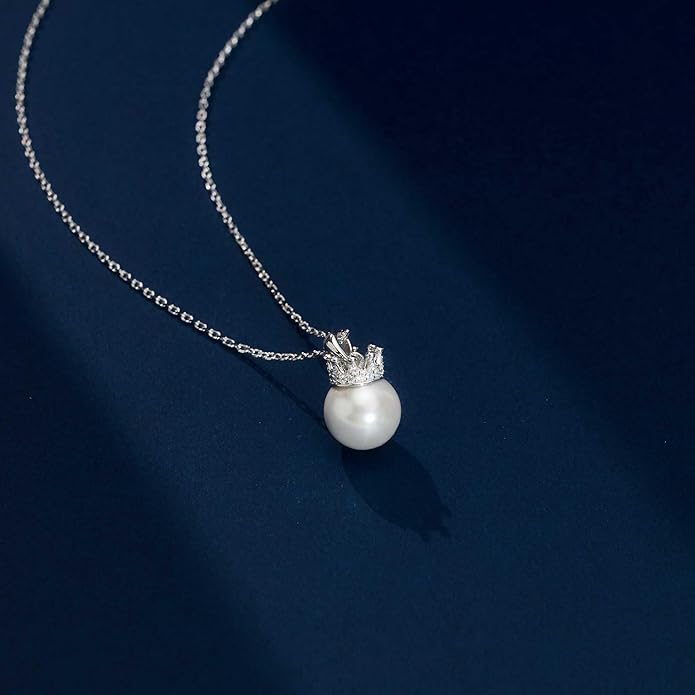 Pearl Necklace for women,10mm Single pearl Necklace, Silver Princess Crown Pearl Pendant Dainty Jewelry Gift for Wife, Mom,Girlfriend,Anniversary, Birthday,Valentine’s Day