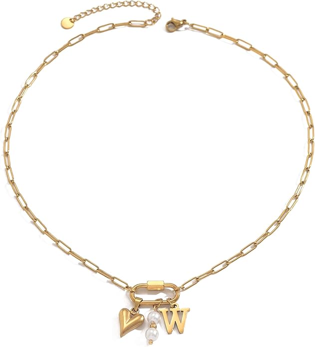 Gold Heart Initial Necklaces for Women 18K Gold Plated Dainty Pearl Letter Necklace Personalized Monogram Name A-Z Pendant Everyday Jewelry for Women