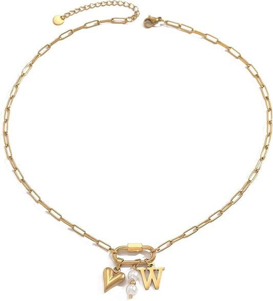 Gold Heart Initial Necklaces for Women 18K Gold Plated Dainty Pearl Letter Necklace Personalized Monogram Name A-Z Pendant Everyday Jewelry for Women